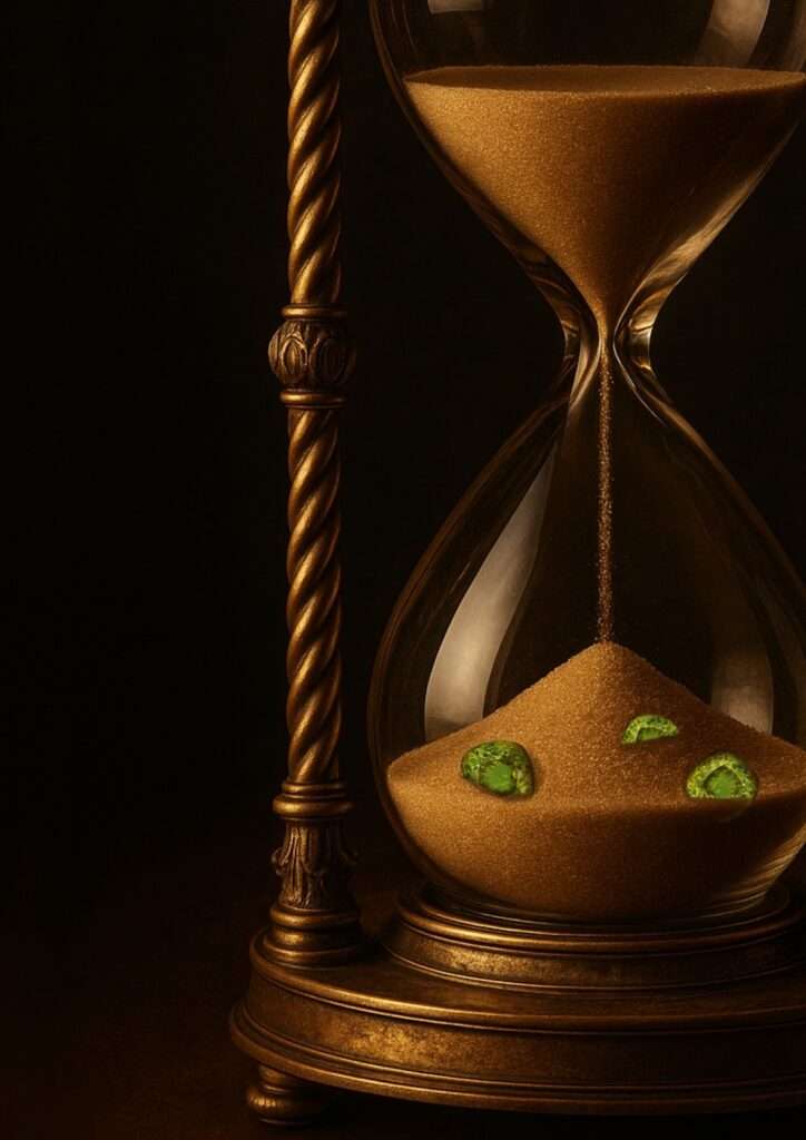 Antique hourglass filled with golden sand and green timeless gemstones, representing Zinarin's vision of enduring beauty