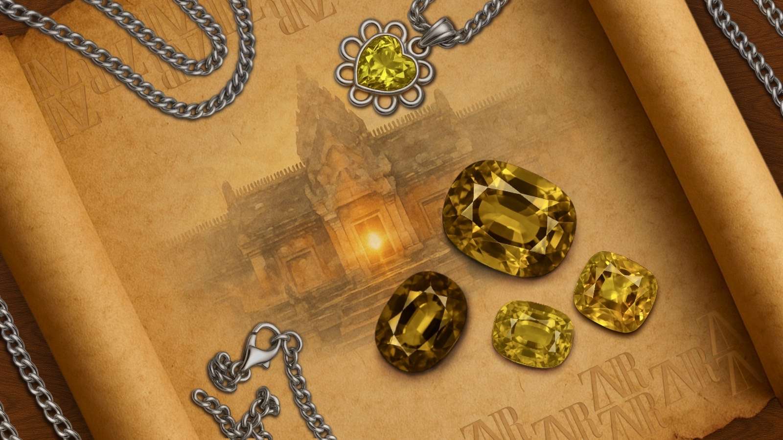 Yellow sphene gemstones and a heart-shaped pendant on an antique scroll with a historic temple in the background, reflecting Zinarin’s timeless elegance and cultural inspiration.