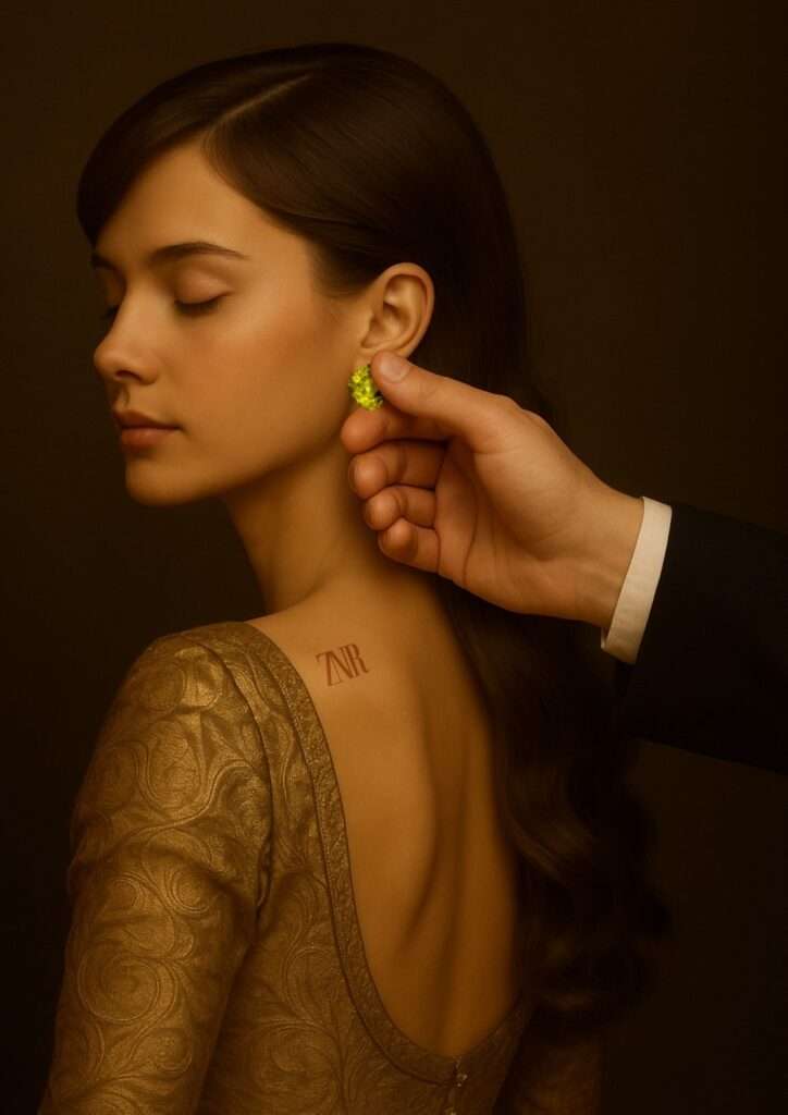 A man gently places a rare green gemstone earring on a woman’s ear. She wears a golden embroidered dress with “ZNR” marked on her back, symbolizing the choice of value beyond surface beauty.