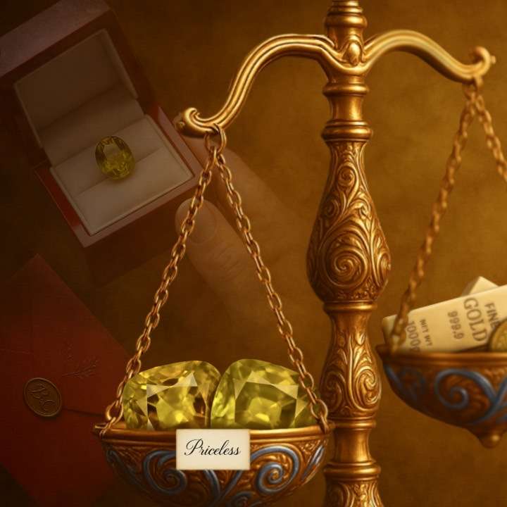 Yellow sphene gemstones outweigh gold bars on a vintage balance scale, symbolizing the priceless emotional and cultural value of Zinarin jewelry.