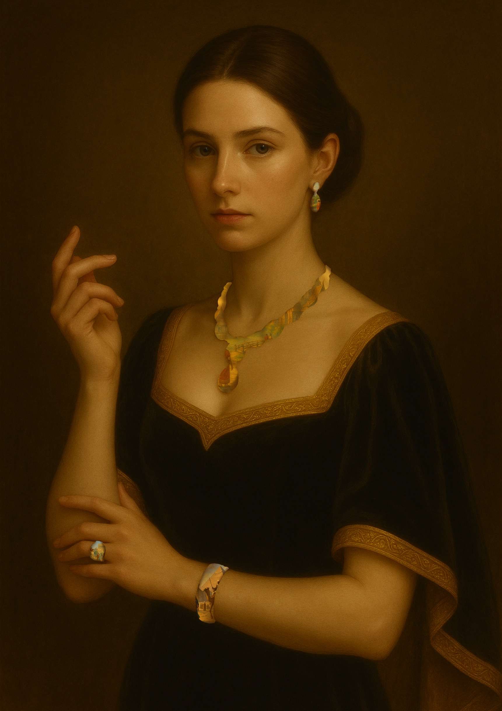 A woman wearing historical jewelry pieces from Zinarin, each representing ancient civilizations—Thai necklace, Egyptian bracelet, Greek ring, and Japanese earrings.
