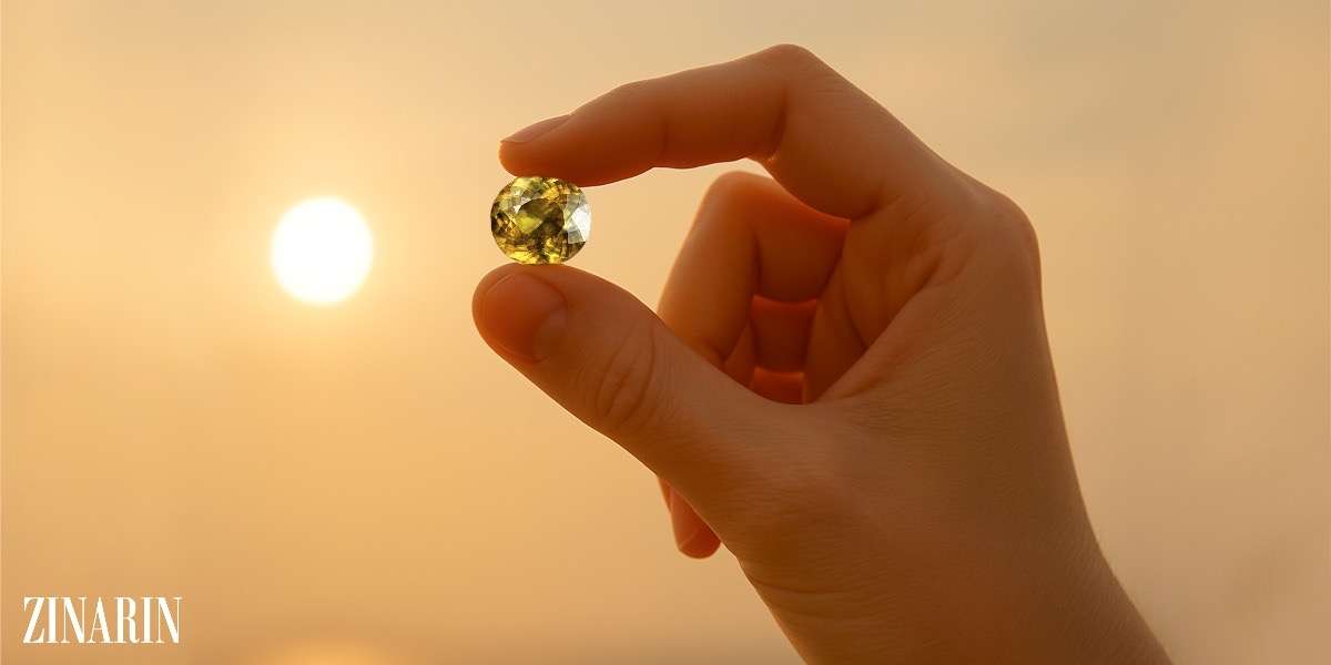 A hand holding a natural sphene gemstone in sunset light, photographed for Zinarin