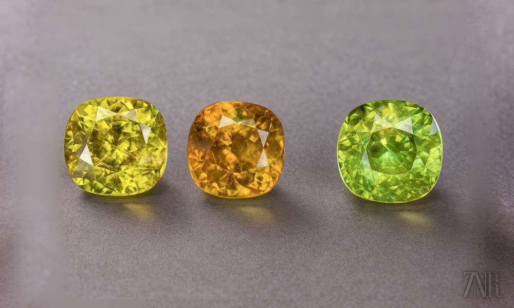 Three natural sphene gemstones in yellow, yellow-orange, and green by Zinarin