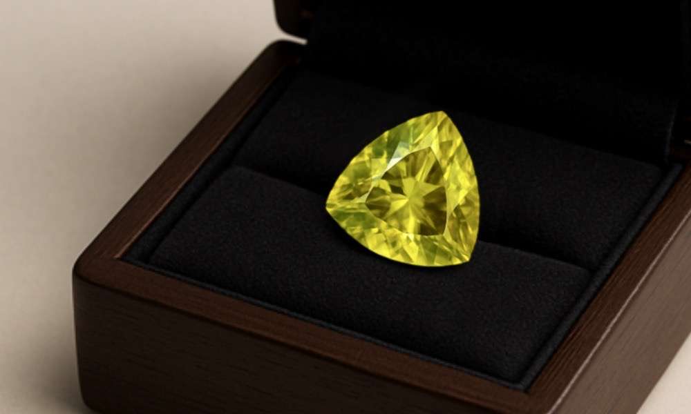 Rare natural sphene gemstone in a collector’s display box by Zinarin