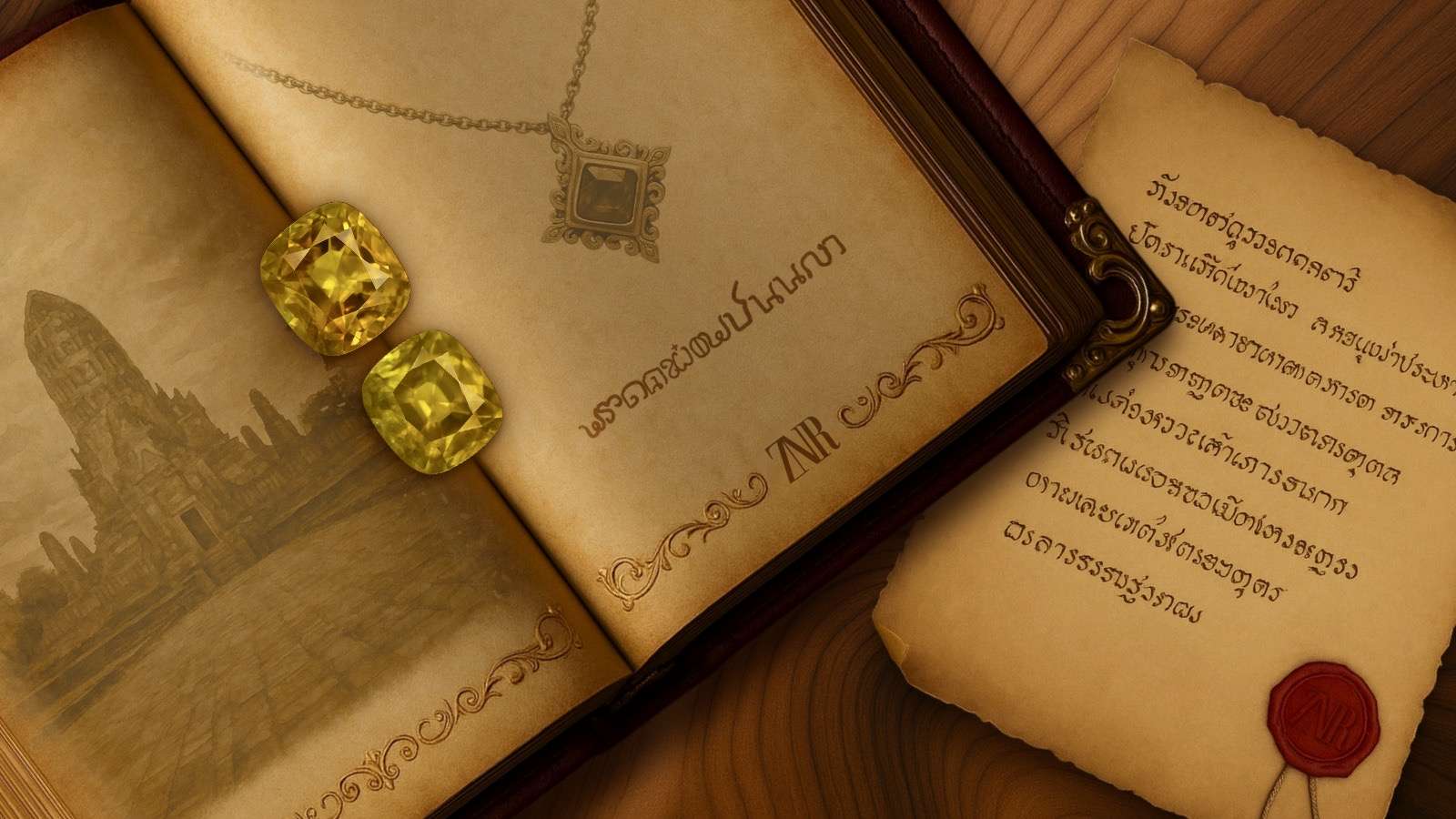 Ancient-style jewelry book with yellow gemstones and royal scroll – Zinarin identity concept