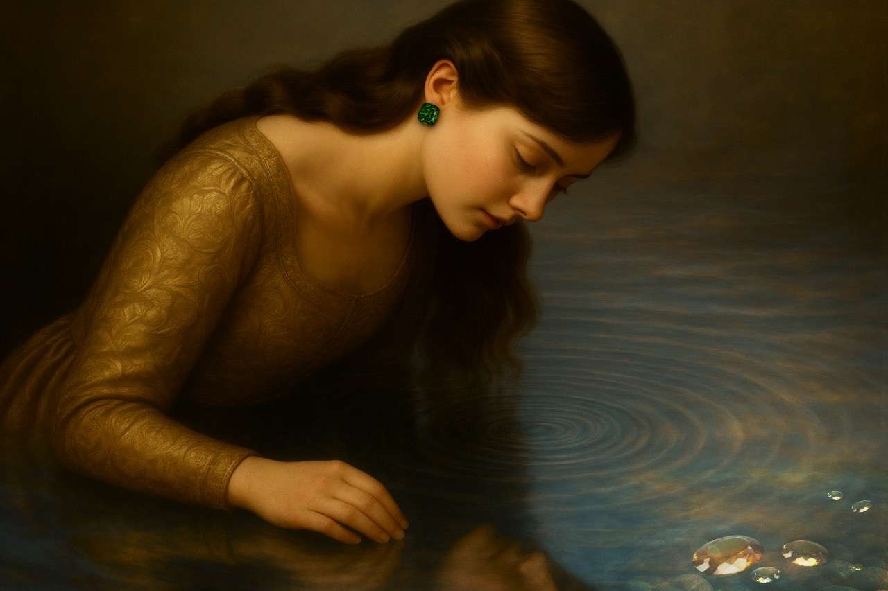 A woman in golden attire gazing into water, reflecting self-identity and rare gemstone sparkles – Zinarin brand concept